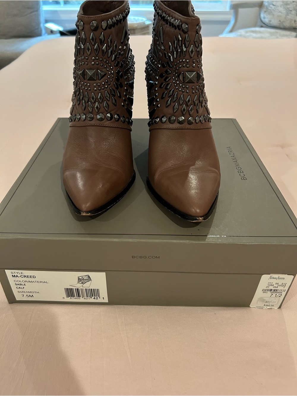 BCBG Brown Leather Pointed-Toe Studded Ankle Booties